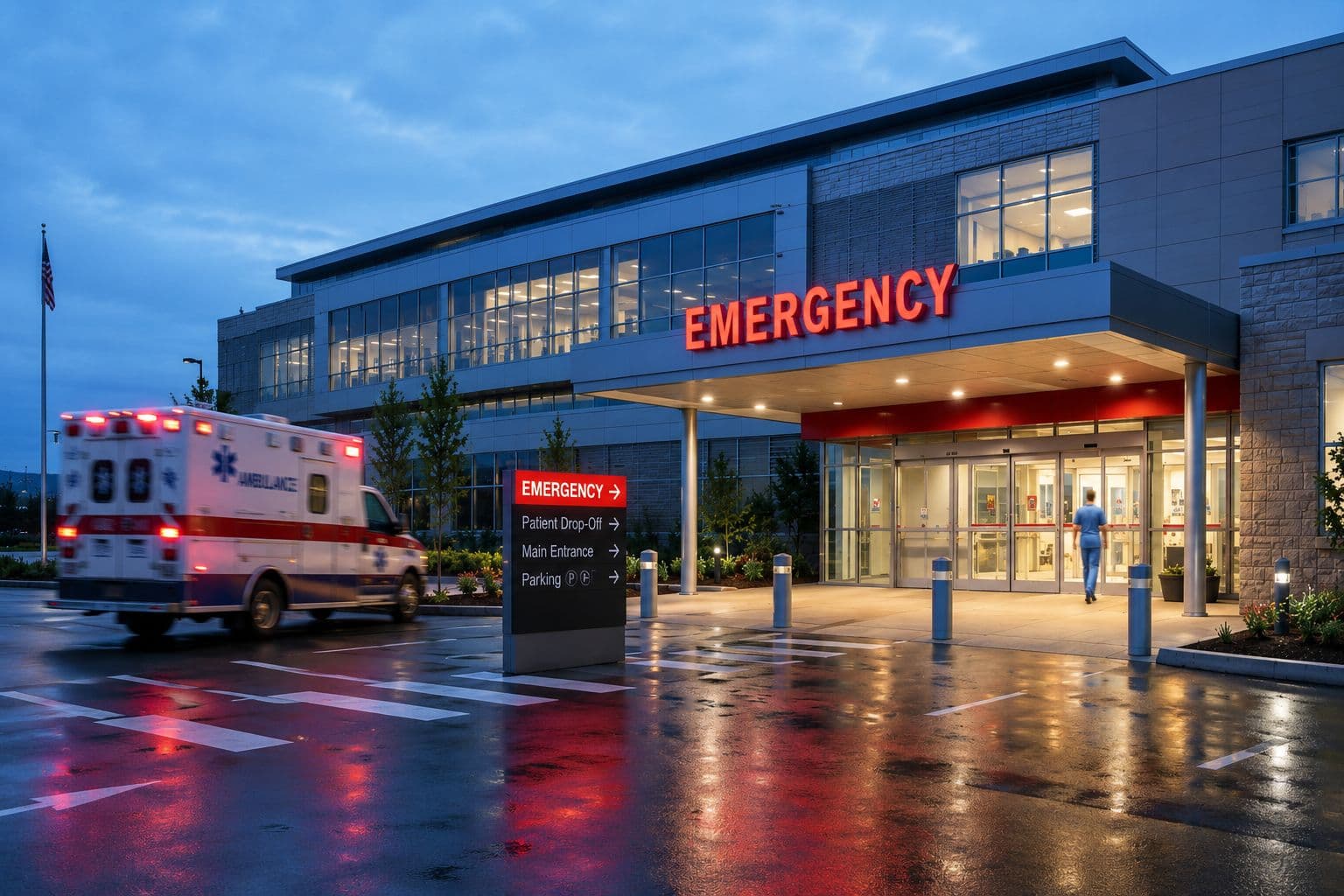 Hospital emergency entrance at dusk